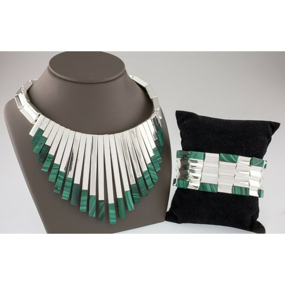 Gorgeous Sterling Silver Malachite Bracelet and Necklace Set Monteros Mexico